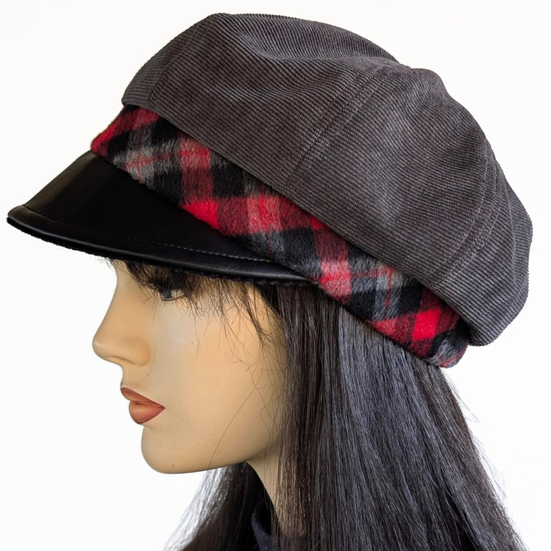 Poorboy Fashion Cap in charcoal corduroy with black faux leather visor and plaid band