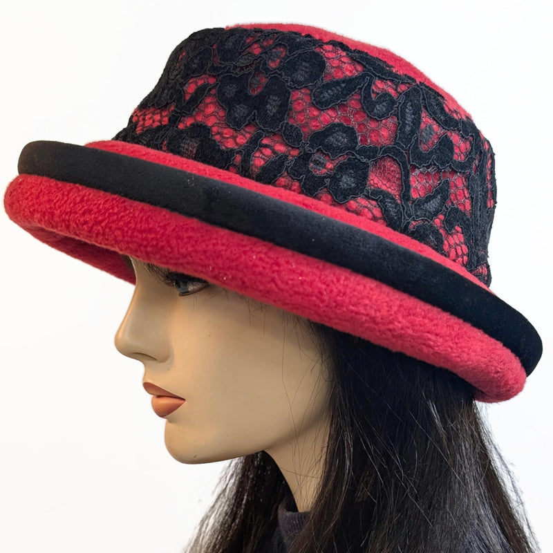 Premium Winter Fashion Hat with earflap cuff, velvet trim, red with black velvet lace band trim