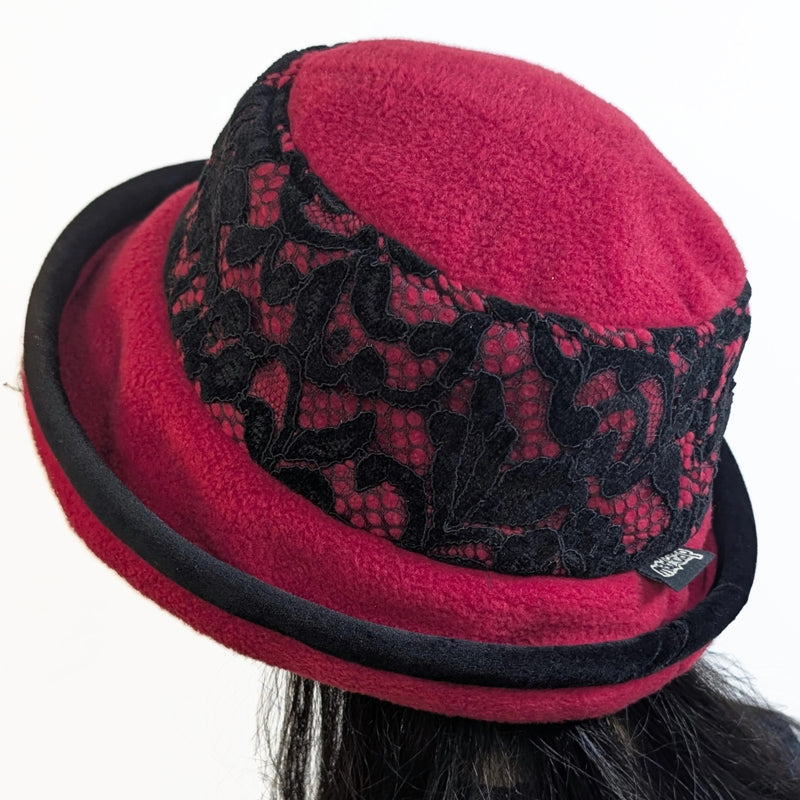 Premium Winter Fashion Hat with earflap cuff, velvet trim, red with black velvet lace band trim