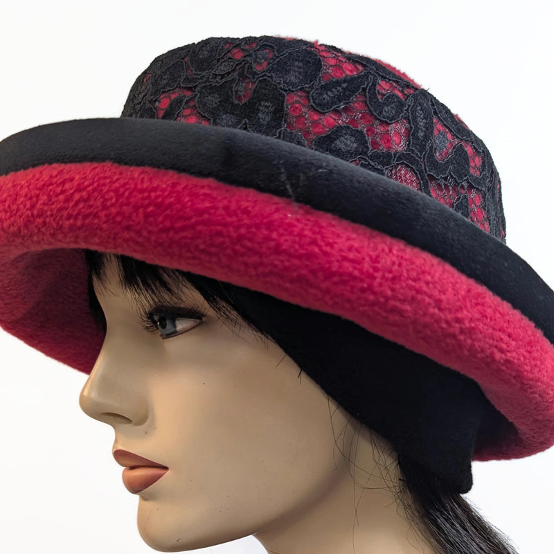 Premium Winter Fashion Hat with earflap cuff, velvet trim, red with black velvet lace band trim