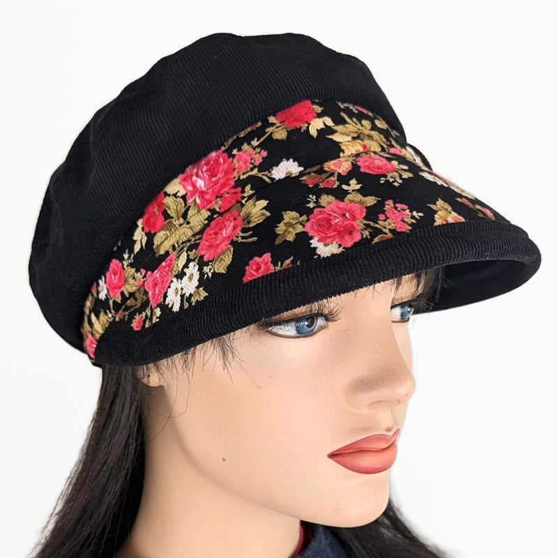 Fisher Fashion Cap in narrow cord, red and pink roses on black, extra wide visor, relaxed fit