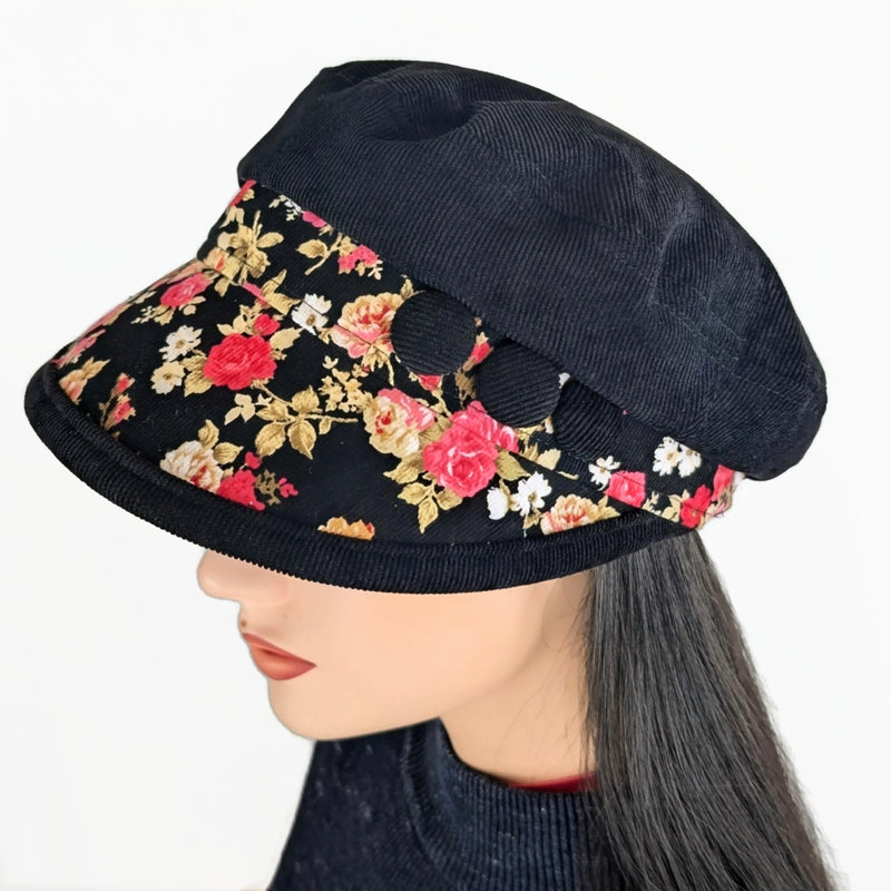 Fisher Fashion Cap in narrow cord, red and pink roses on black, extra wide visor, relaxed fit