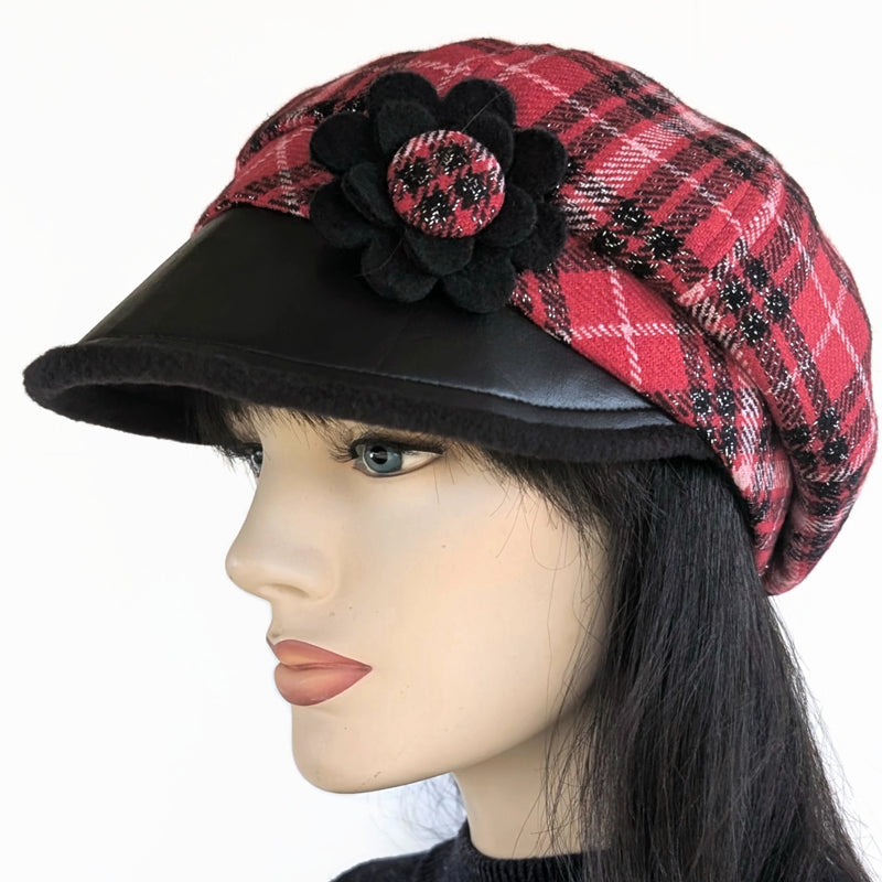 Poorboy Fashion Cap, relaxed fit, red and black sparkly woolen plaid with floral pin