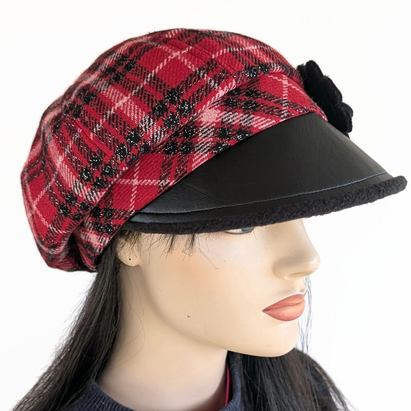 Poorboy Fashion Cap, relaxed fit, red and black sparkly woolen plaid with floral pin