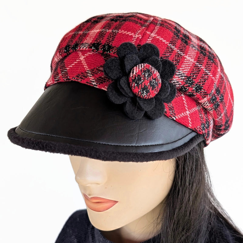 Poorboy Fashion Cap, relaxed fit, red and black sparkly woolen plaid with floral pin