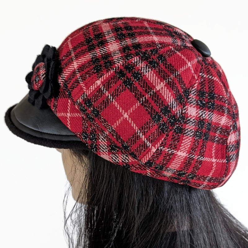 Poorboy Fashion Cap, relaxed fit, red and black sparkly woolen plaid with floral pin