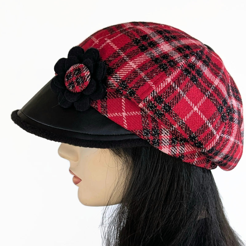 Poorboy Fashion Cap, relaxed fit, red and black sparkly woolen plaid with floral pin