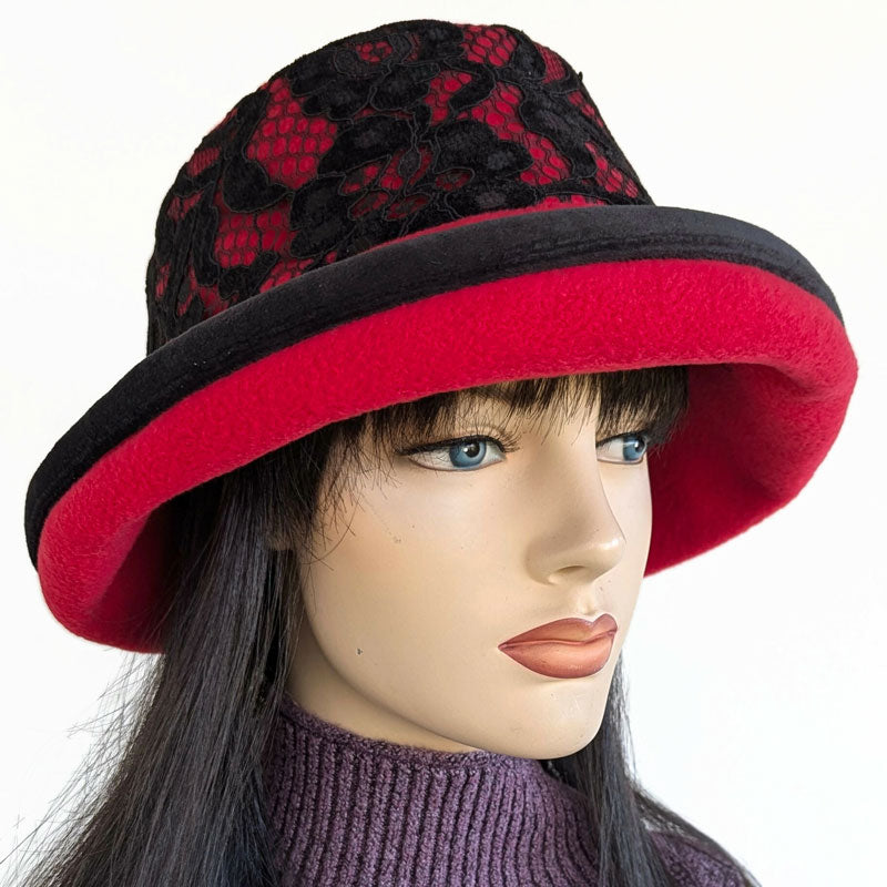 Premium Winter Fashion Hat with velvet trim, red with black velvet