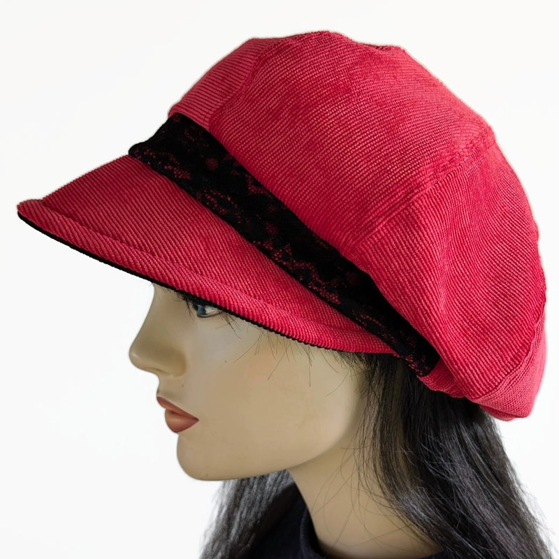 Newsboy Poorboy Fashion Cap with black lace trim, relaxed fit