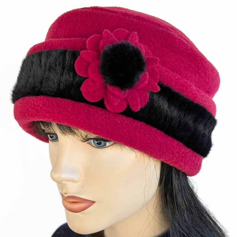 Fleece Fashion Toque with adjustable cuff and faux fur trim, with floral pin trim, asst'd colors