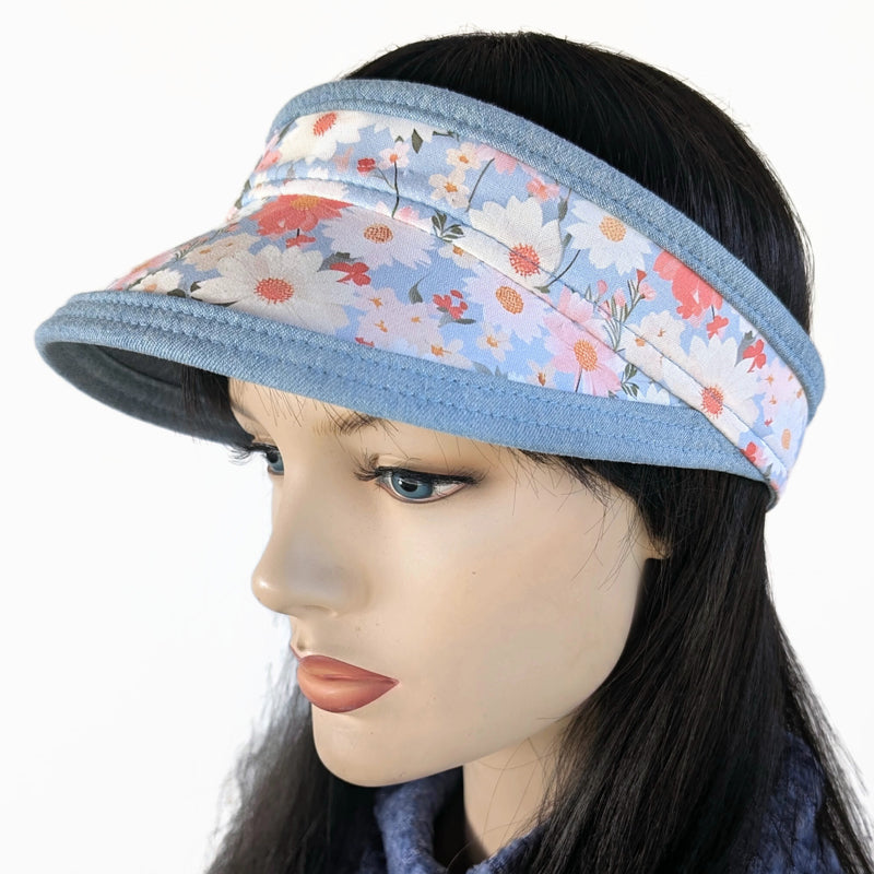 Sun Visor Headband, Velcro back or Fitted, reversible, bleached denim and blue floral
