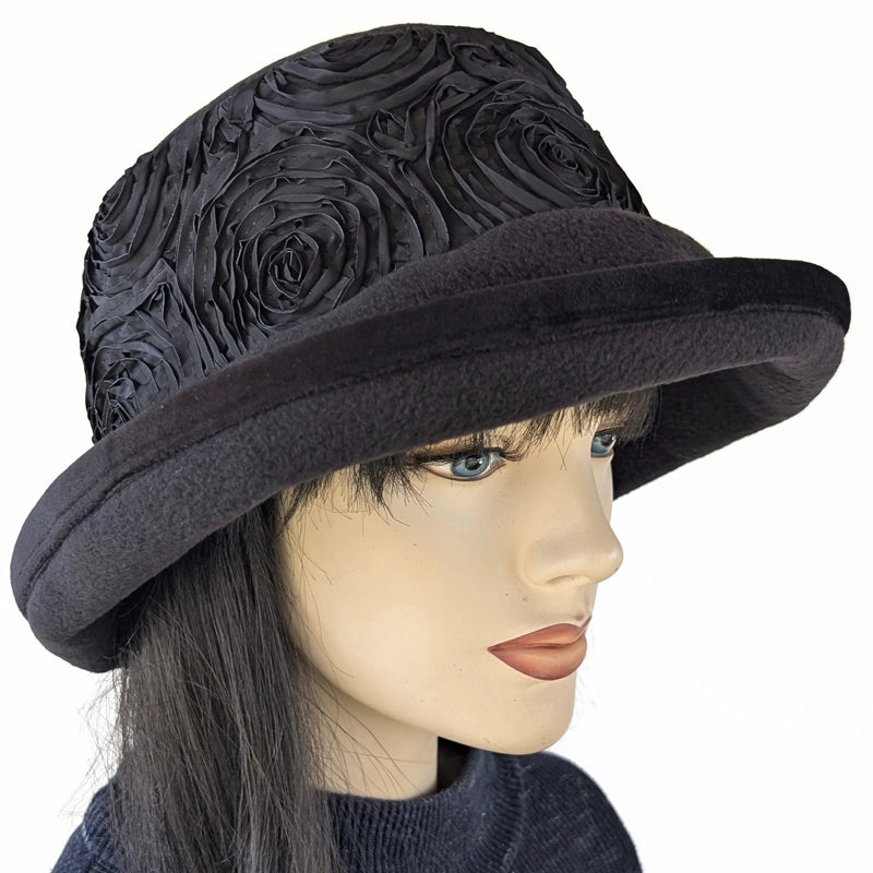 Premium Winter Fashion Hat in black with black ribbon rose band, black velvet edge trim and wide brim