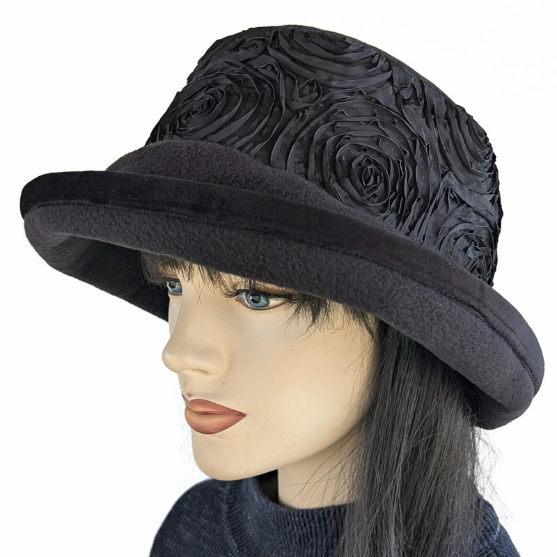 Premium Winter Fashion Hat in black with black ribbon rose band, black velvet edge trim and wide brim