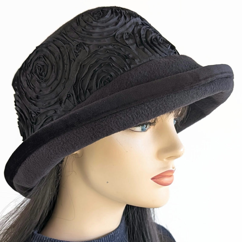 Premium Winter Fashion Hat in black with black ribbon rose band, black velvet edge trim and wide brim