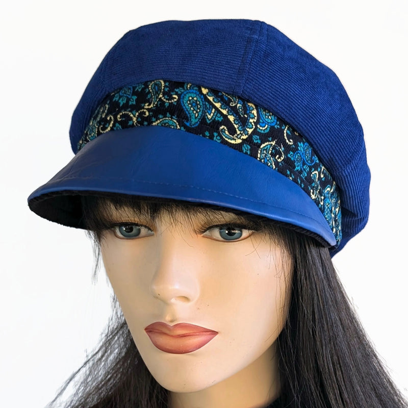 Poorboy Fashion Cap in royal blue corduroy with royal faux leather visor and paisley print trim
