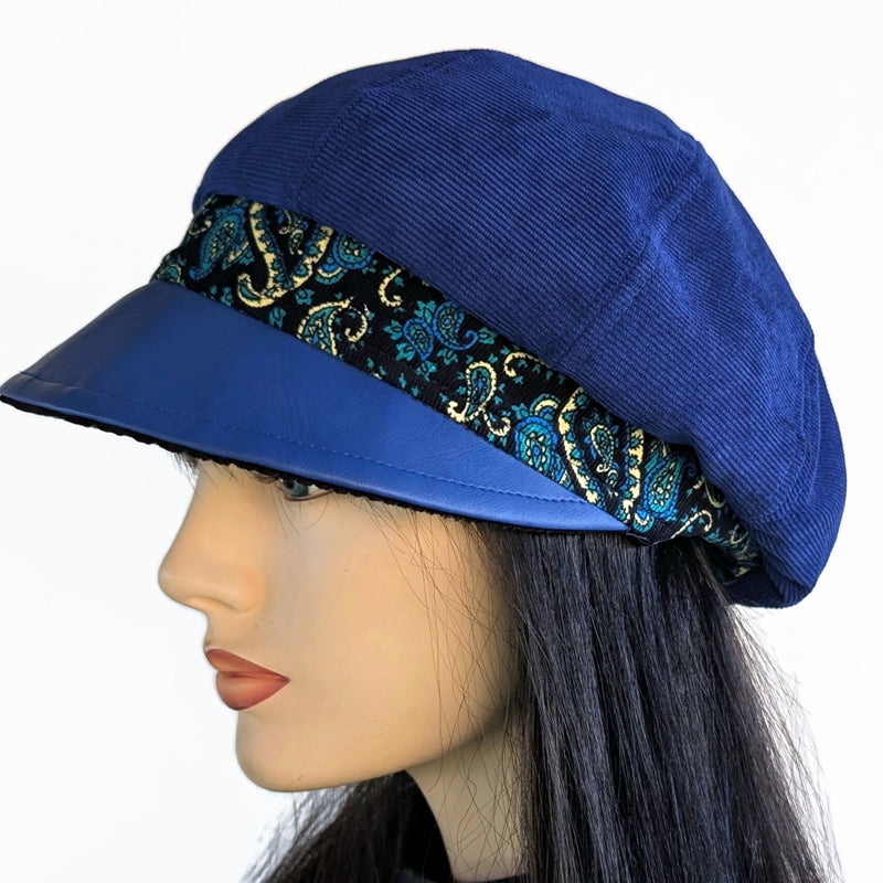 Poorboy Fashion Cap in royal blue corduroy with royal faux leather visor and paisley print trim