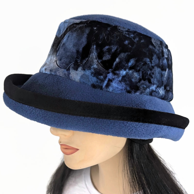 Premium Winter Fashion Hat with Earflaps, velvet trim, royal with abstract royal, blue and black band and wide brim