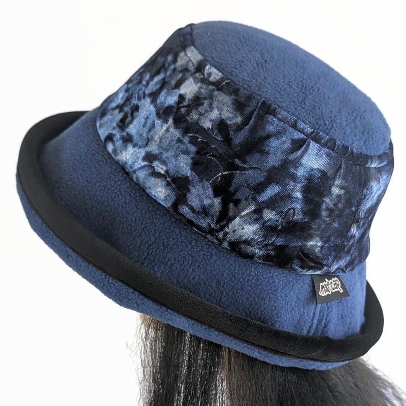 Premium Winter Fashion Hat with Earflaps, velvet trim, royal with abstract royal, blue and black band and wide brim