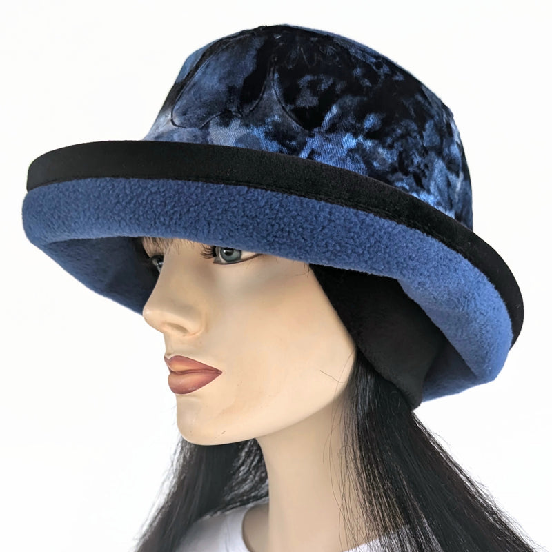 Premium Winter Fashion Hat with Earflaps, velvet trim, royal with abstract royal, blue and black band and wide brim