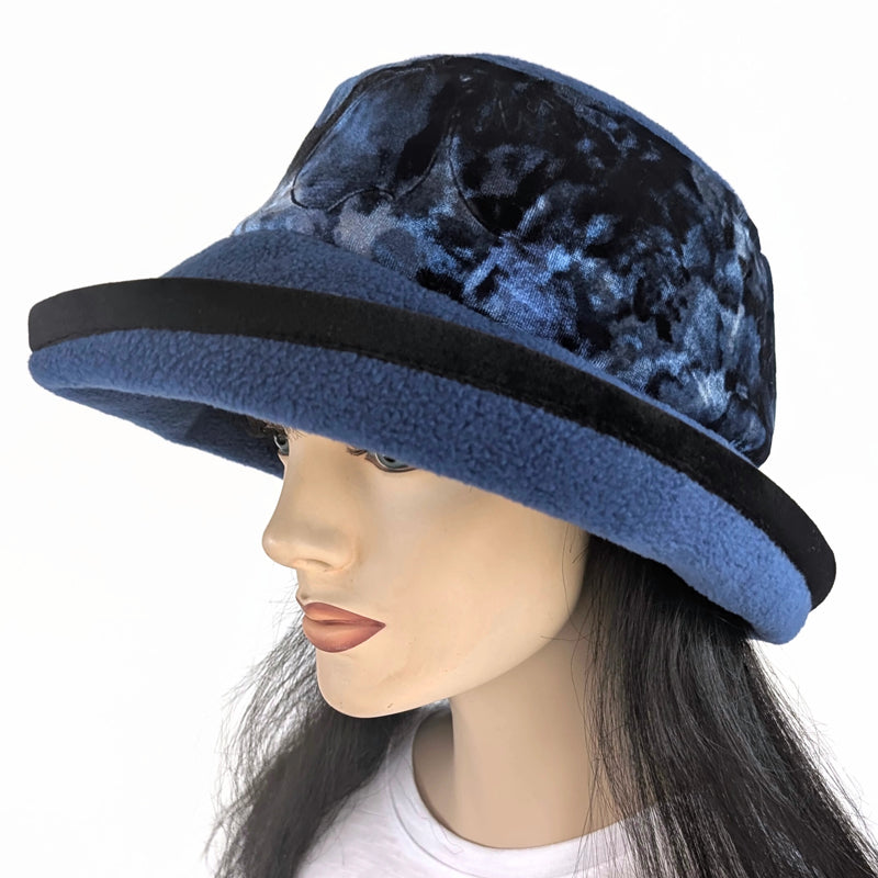 Premium Winter Fashion Hat with Earflaps, velvet trim, royal with abstract royal, blue and black band and wide brim