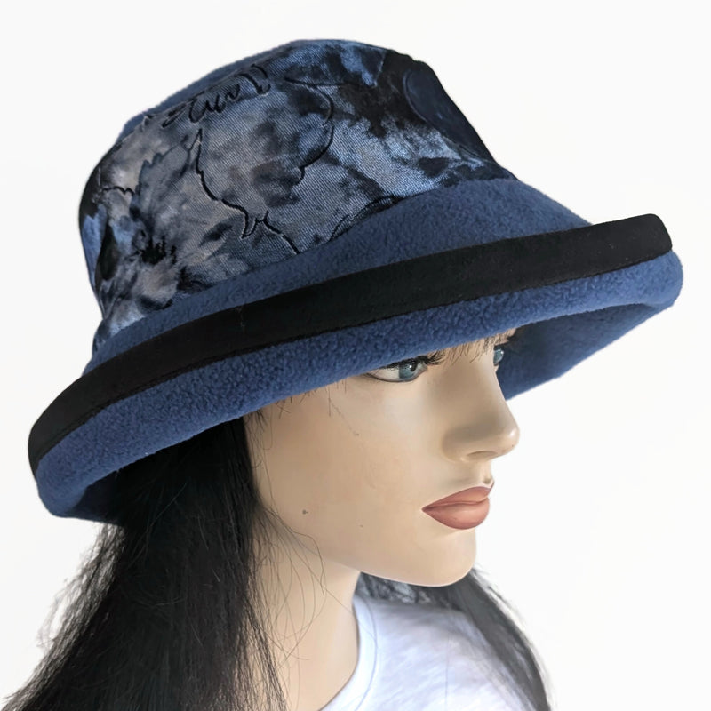 Premium Winter Fashion Hat with Earflaps, velvet trim, royal with abstract royal, blue and black band and wide brim