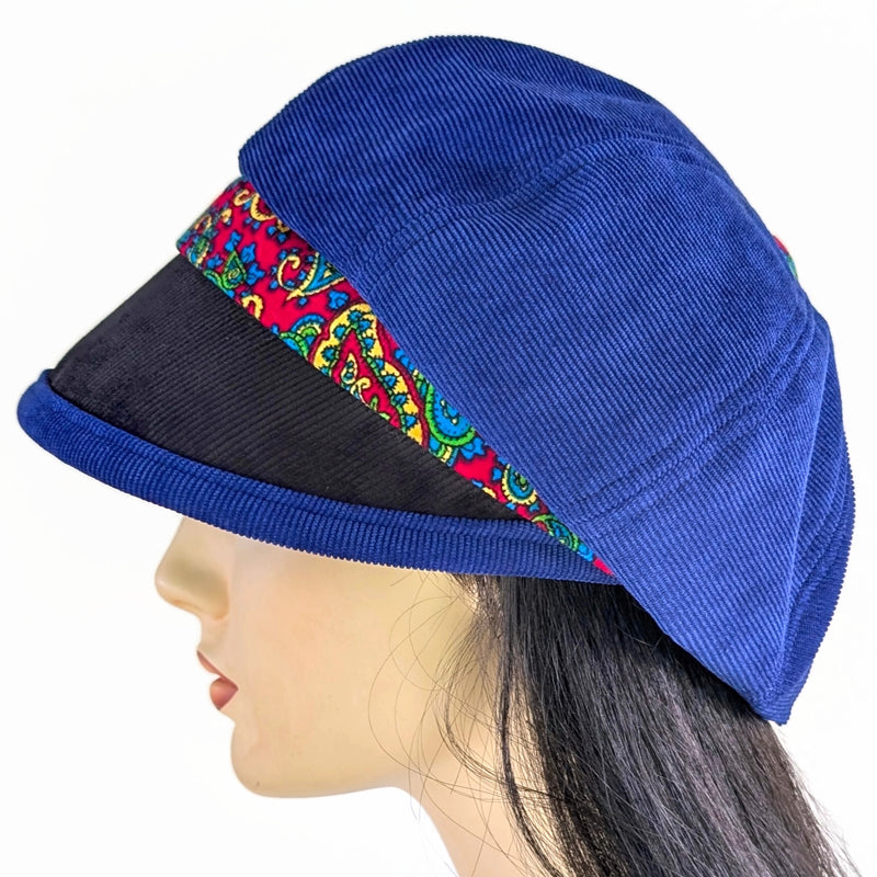 Baggy Poorboy Fashion Cap in  cord, royal,red and black paisley, with wide flattering visor, one size fit