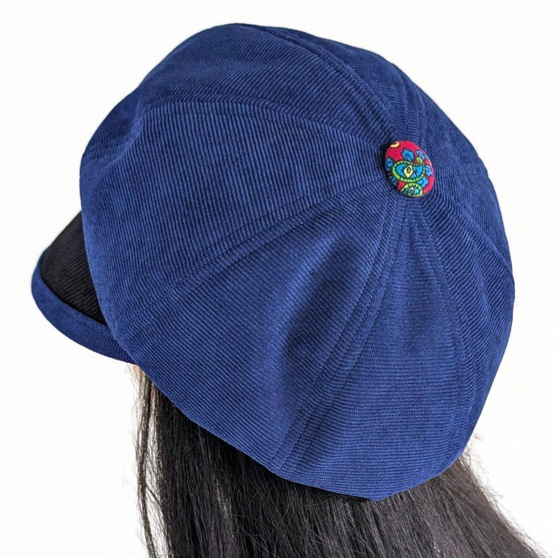 Baggy Poorboy Fashion Cap in  cord, royal,red and black paisley, with wide flattering visor, one size fit