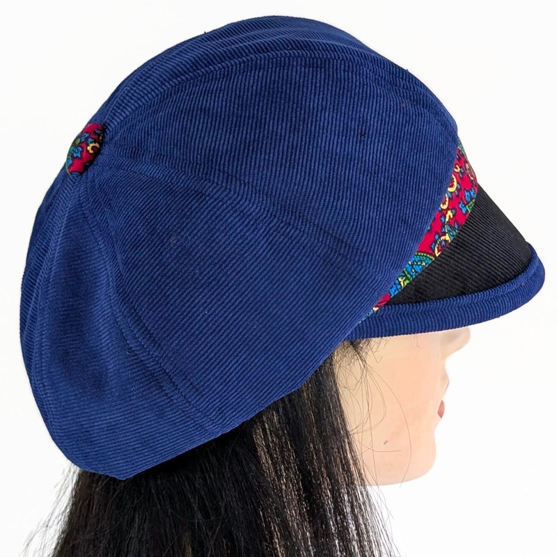 Baggy Poorboy Fashion Cap in  cord, royal,red and black paisley, with wide flattering visor, one size fit