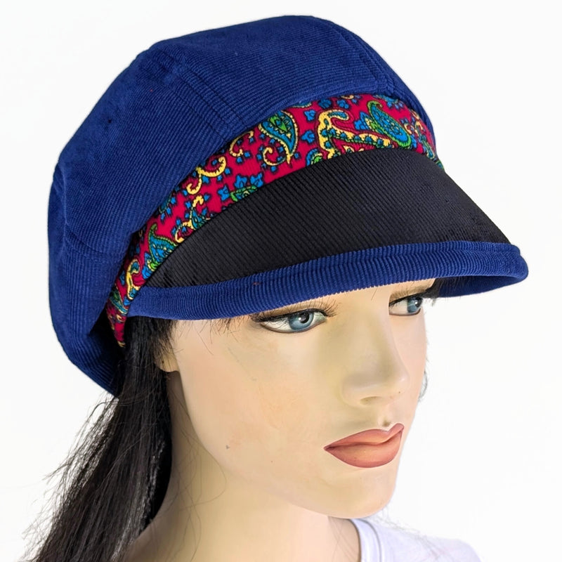 Baggy Poorboy Fashion Cap in  cord, royal,red and black paisley, with wide flattering visor, one size fit