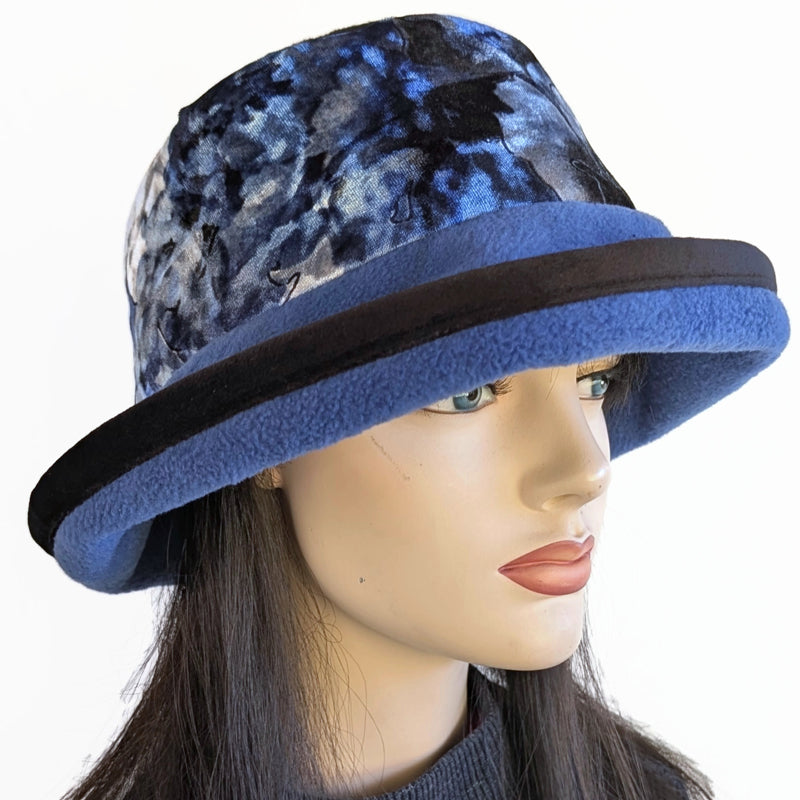 Premium Winter Fashion Hat in royal with gorgeous silver and blue floral band, velvet trim and wide brim