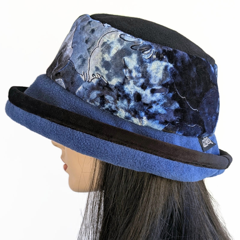 Premium Winter Fashion Hat in royal with gorgeous silver and blue floral band, velvet trim and wide brim