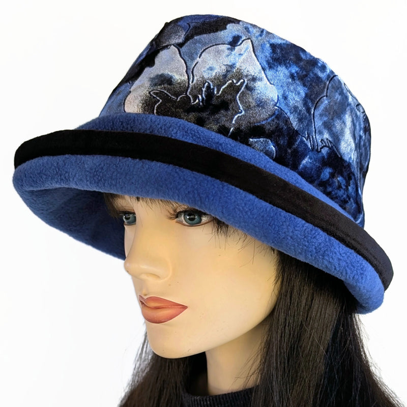 Premium Winter Fashion Hat in royal with gorgeous silver and blue floral band, velvet trim and wide brim