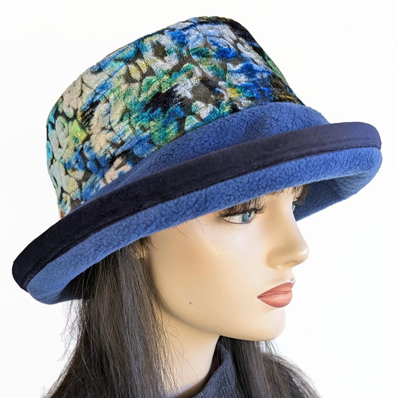 Premium Winter Fashion Hat in royal with floral band, velvet trim and wide brim