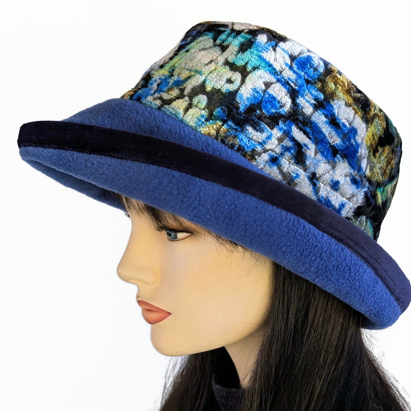 Premium Winter Fashion Hat in royal with floral band, velvet trim and wide brim