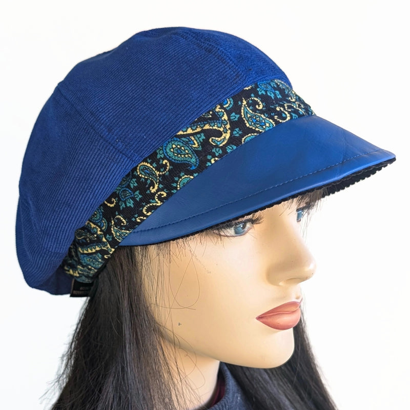 Poorboy Fashion Cap in royal blue corduroy with royal faux leather visor and paisley print trim
