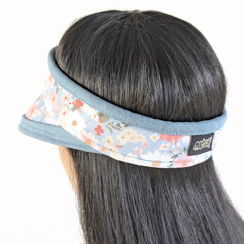 Sun Visor Headband, Velcro back or Fitted, reversible, bleached denim and blue floral
