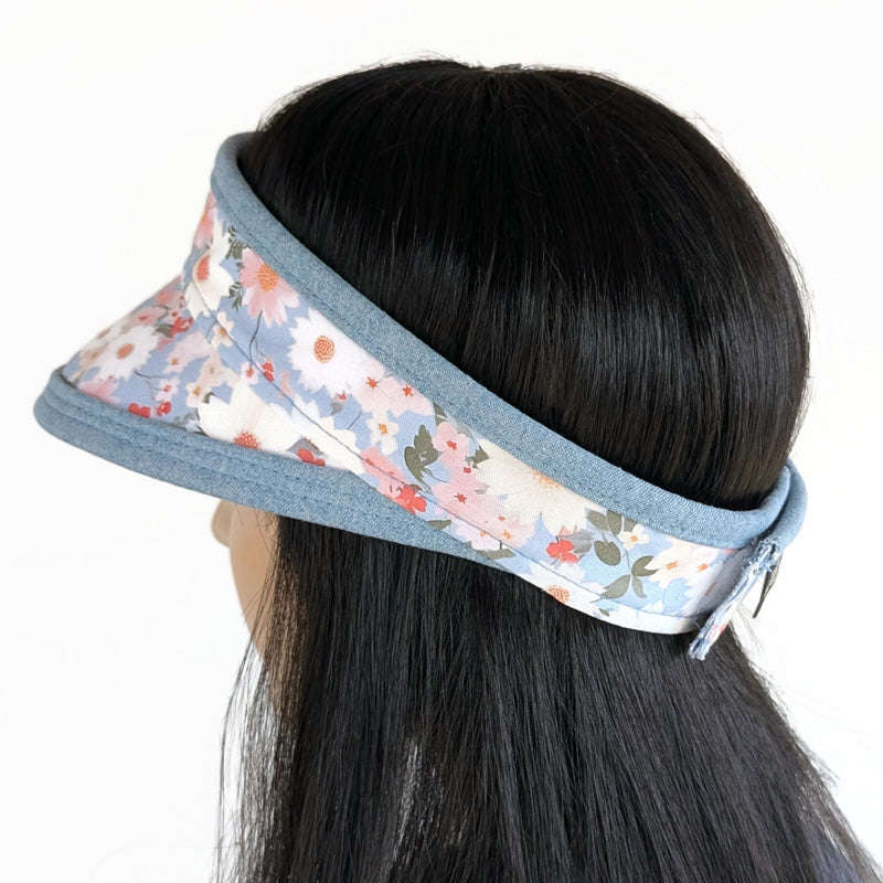 Sun Visor Headband, Velcro back or Fitted, reversible, bleached denim and blue floral
