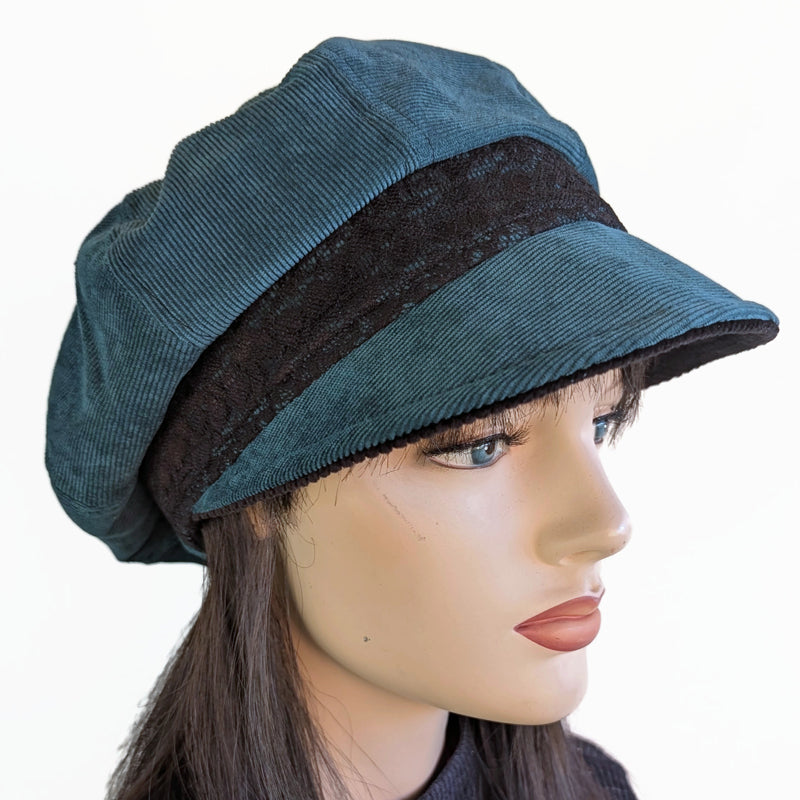 Newsboy Poorboy Fashion Cap, baggy fit, with black lace trim, assorted colors
