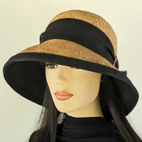 204-aa Raffia Straw sun hat in toast with belt loops, adjustable fit, long scarf trim