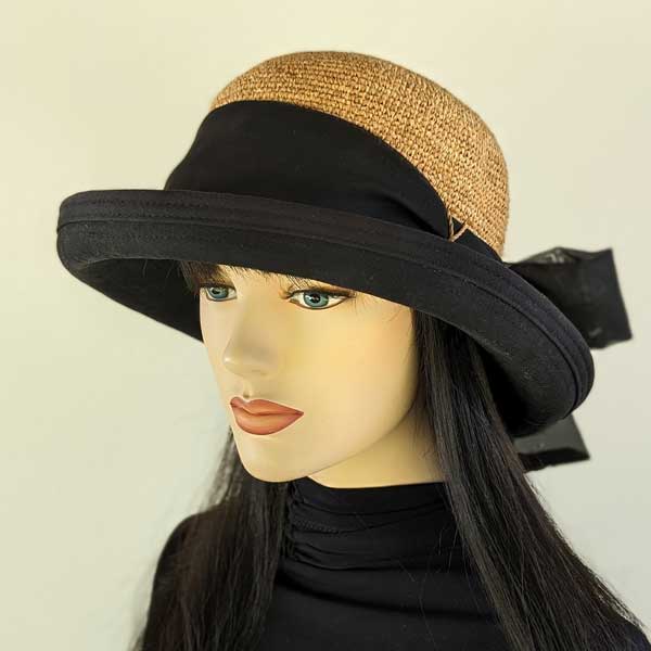 204-aa Raffia Straw sun hat in toast with belt loops, adjustable fit, long scarf trim