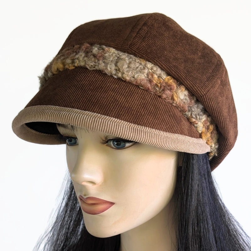Baggy Poorboy Fashion Cap in toffee cord, fuzzy boucle trim with wide flattering visor, one size fit