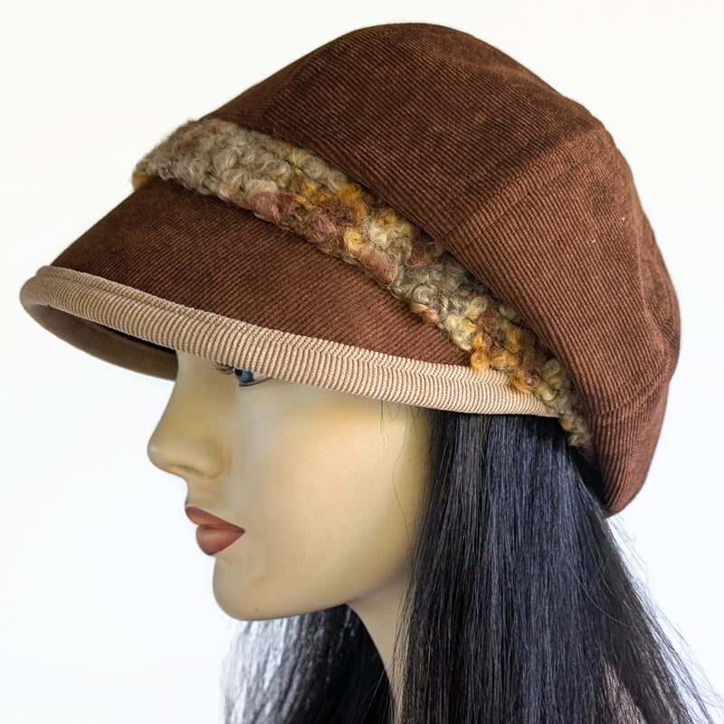 Baggy Poorboy Fashion Cap in toffee cord, fuzzy boucle trim with wide flattering visor, one size fit