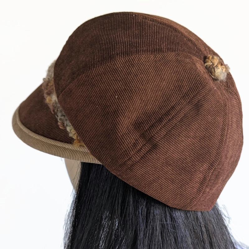 Baggy Poorboy Fashion Cap in toffee cord, fuzzy boucle trim with wide flattering visor, one size fit