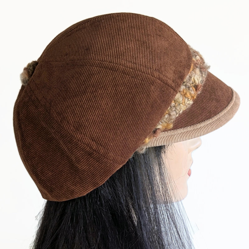 Baggy Poorboy Fashion Cap in toffee cord, fuzzy boucle trim with wide flattering visor, one size fit