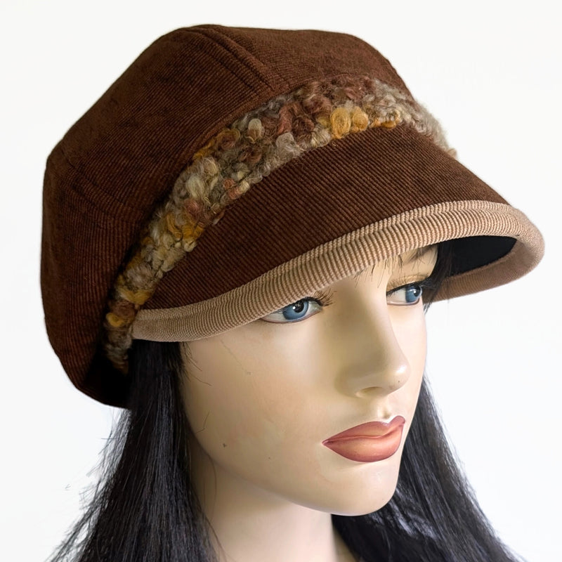 Baggy Poorboy Fashion Cap in toffee cord, fuzzy boucle trim with wide flattering visor, one size fit