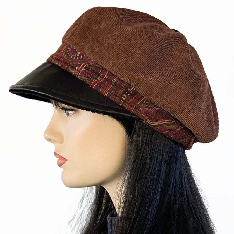 Poorboy Fashion Cap in toffee corduroy with brown faux leather visor and paisley cord print