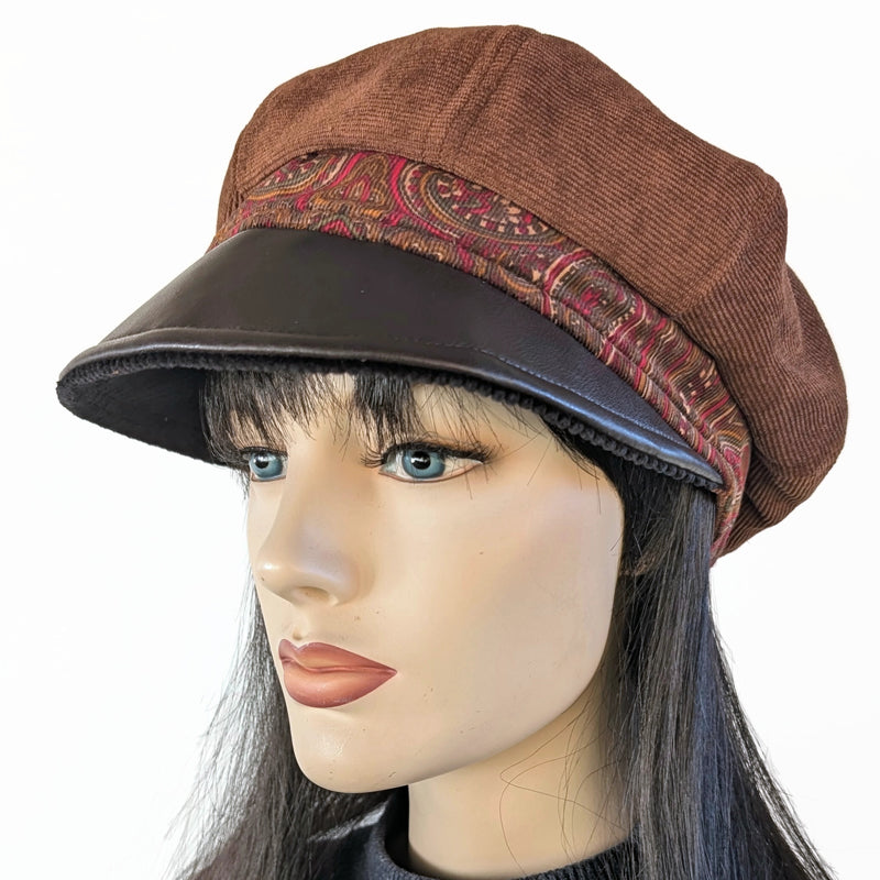 Poorboy Fashion Cap in toffee corduroy with brown faux leather visor and paisley cord print