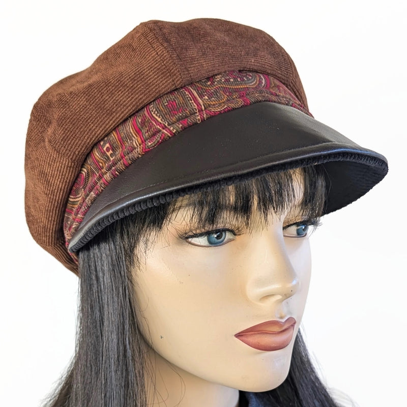 Poorboy Fashion Cap in toffee corduroy with brown faux leather visor and paisley cord print