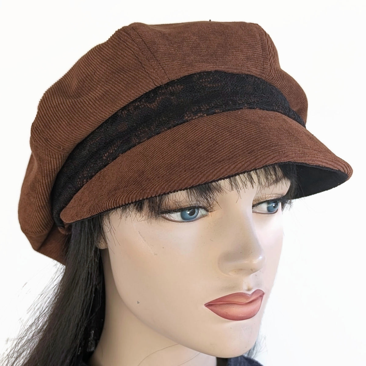 Newsboy Poorboy Fashion Cap with black lace trim, relaxed fit