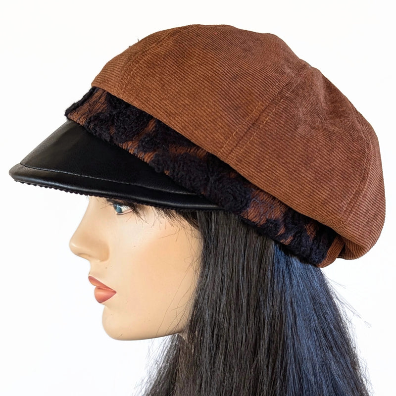 Poorboy Fashion Cap, relaxed fit, paprika cord or toffee cord with black wool lace trim and faux leather visor